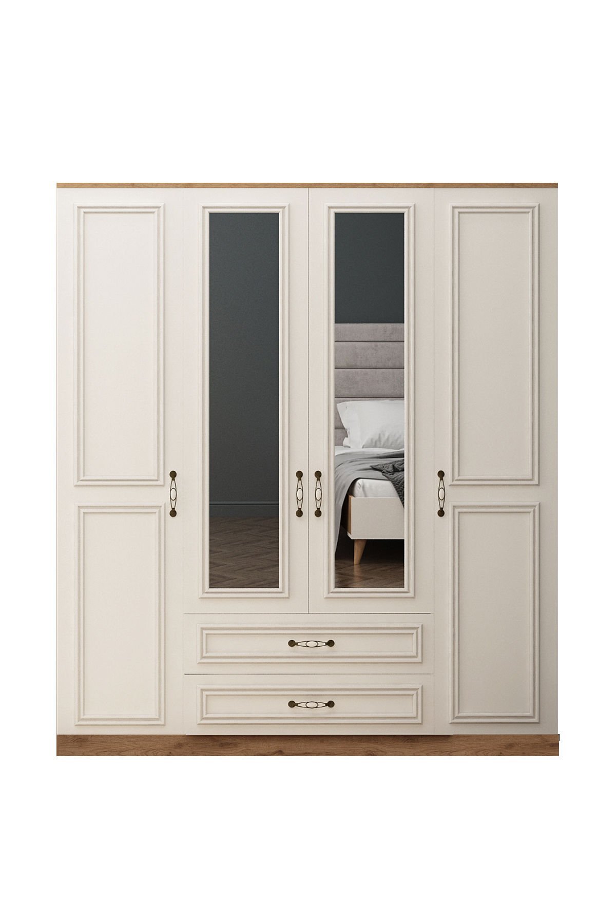 Roza Aynalı 4 Kapılı Dolap